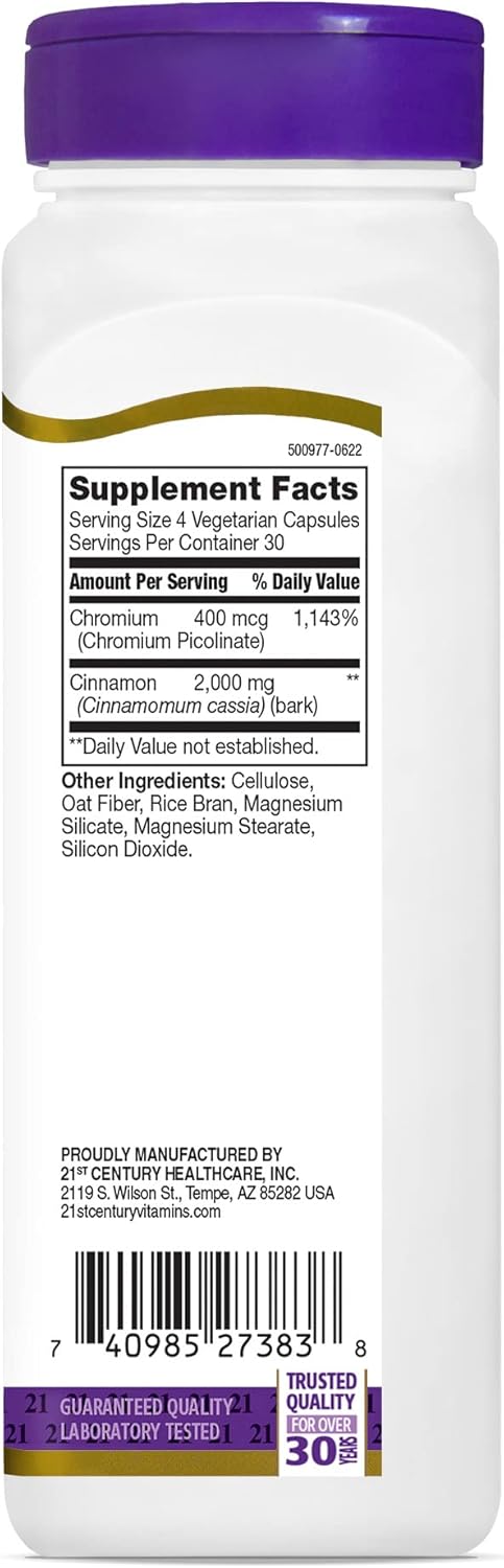 21st Century Cinnamon 2000 mg Plus Chromium, Vegetarian Capsules, 120 Count