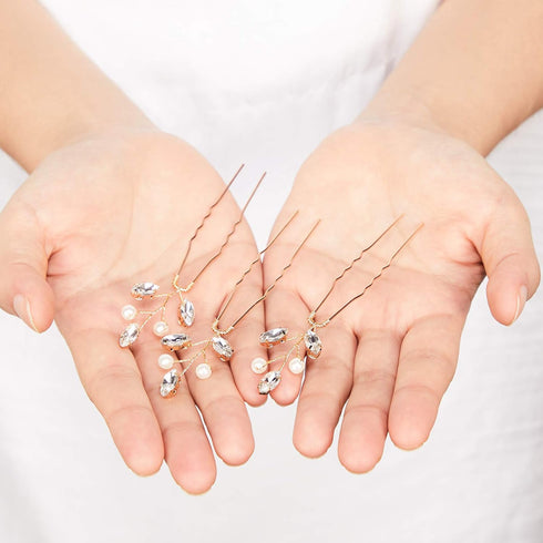 Syhood 6 Pieces Pearl Crystal Bridal Hair Pins, Rhinestone Flower Wedding Hair Accessories for Women Hairstyles (Gold)