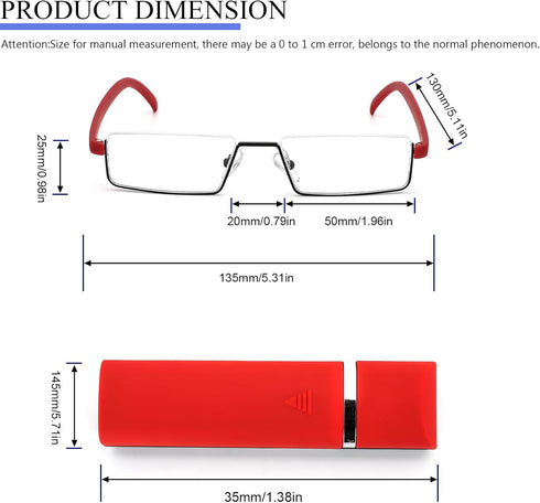 REAVEE Stylish Half Frame Reading Glasses for Women, Lightweight Rectangle Metal Portable Readers with Cases, Red +1.0