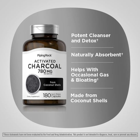 Piping Rock Activated Charcoal Pills 780mg | 180 Capsules | Non-GMO, Gluten Free, from Coconut Shells