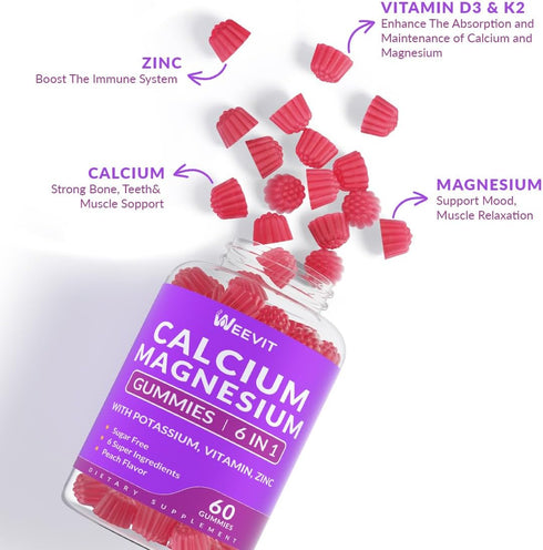 Sugar Free Calcium Gummies 600mg with Vitamin D3 K2 - Potassium, Calcium Magnesium Zinc - Vegan