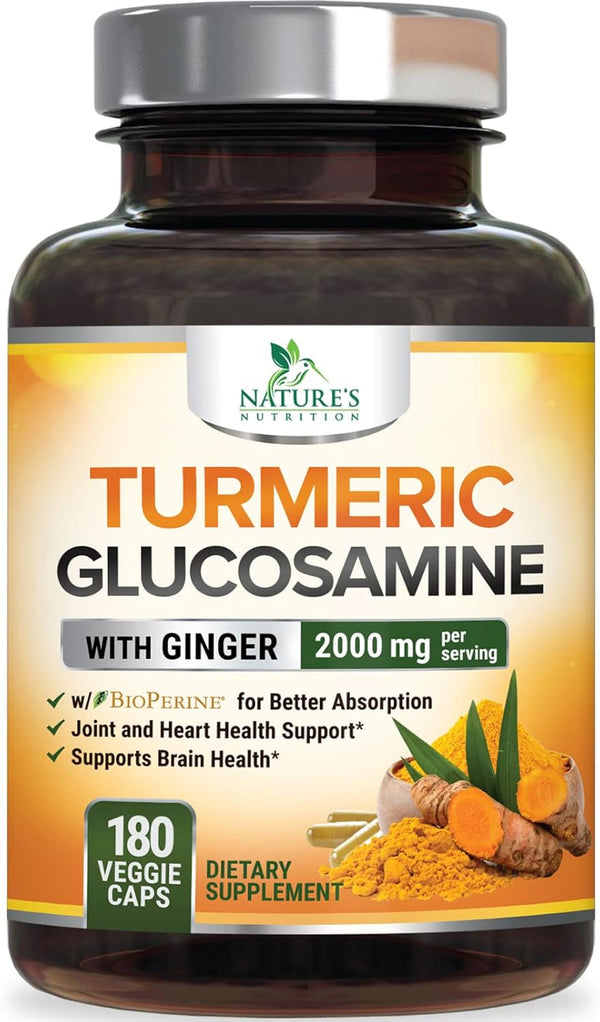Turmeric Curcumin Supplement 2000mg with Glucosamine Chondroitin & Ginger - Nature's Joint Support, 180 Capsules