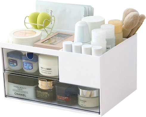 White Makeup Organizer, 2 Drawers, 4 Compartments, Cosmetics Storage Box for Nail Polish, Lipstick, Brushes, Jewelry,