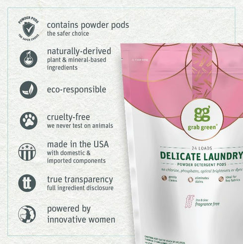 Grab Green Delicate Laundry Detergent Pods, 60 Count | Fragrance Free, Plant and Mineral Based, Ideal for Fine Fabrics