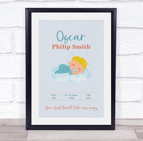 The Card Zoo New Baby Birth Details Christening Nursery Blonde Hair Boy Keepsake Gift Print