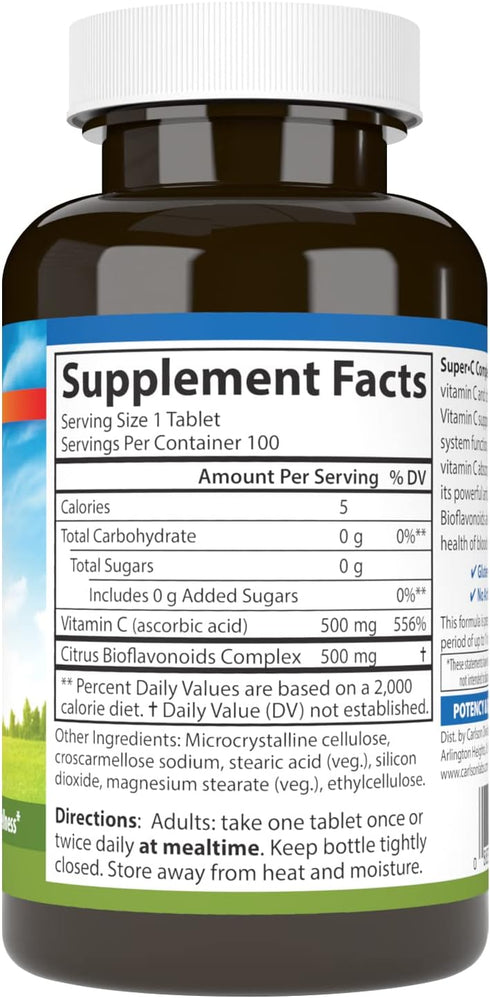 Carlson - Super-C Complex, Vitamin C + Bioflavonoids, Immune Function & Optimal Wellness, Antioxidant, 100 Vegetarian Tablets