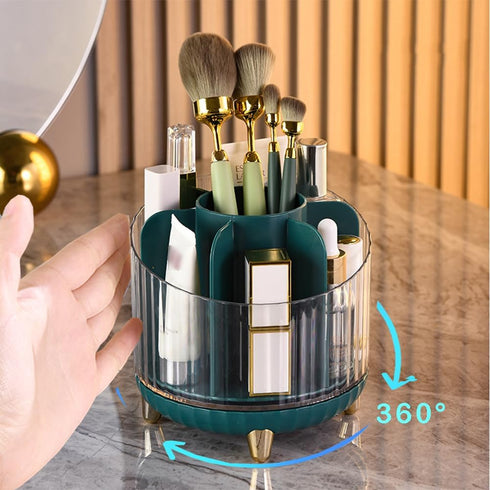 Makeup Brush Holder 360 Rotating Large Capacity Organizer, 7 Slot Container for Desktop Storage, Stationery (Green)