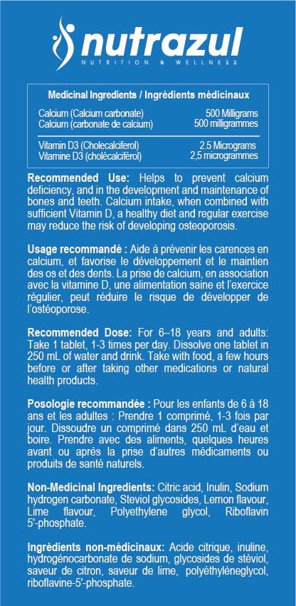 nutrazul Calcium + Vitamin D3 Effervescent Tablets, Lemon-Lime (Pack of 3 X 20) | 60 Days Supply