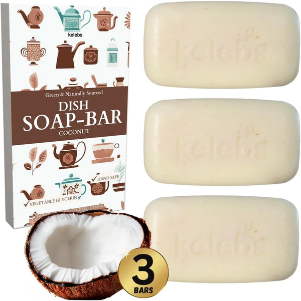 Coconut Dish Soap Bar, Organic, Pack of 3, 3.8 oz each, Skin-Safe, Non-Toxic, Sustainable Kitchen Soap
