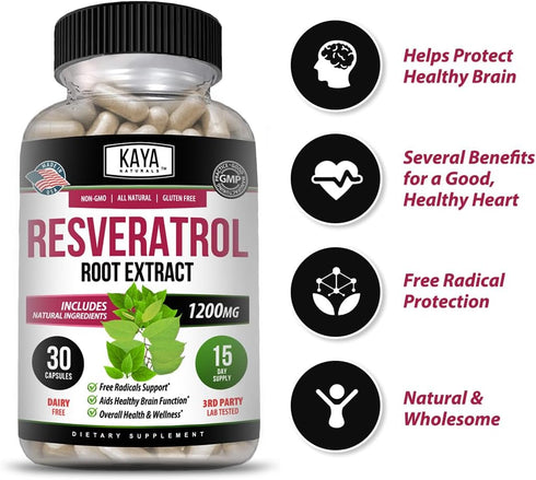Kaya Naturals Resveratrol Capsules - Anti Aging Supplement with Antioxidants & Brain Support - 30 Veggie Capsules