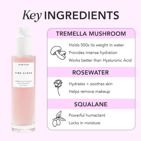 HERBIVORE Pink Cloud Creamy Jelly Cleanser – Hydrating Face Wash + Makeup Remover with Squalane, Rosewater, and
