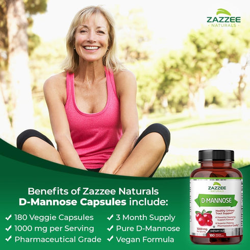 Zazzee D-Mannose, 1000 mg per Serving, 180 Vegan Capsules, 3 Month Supply for Urinary Tract Health