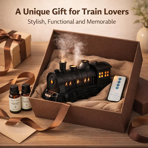 Set, 300 ml 2 Steam Train Essential Oil Diffuser Retro Train Aromatherapy Diffuser with Night Light, Includes Essential