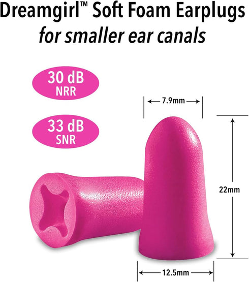 Mack's Dreamgirl Soft Foam Earplugs, 50 Pair, Pink - 30dB NRR, 33dB SNR - Small Ear Plugs for Sleeping