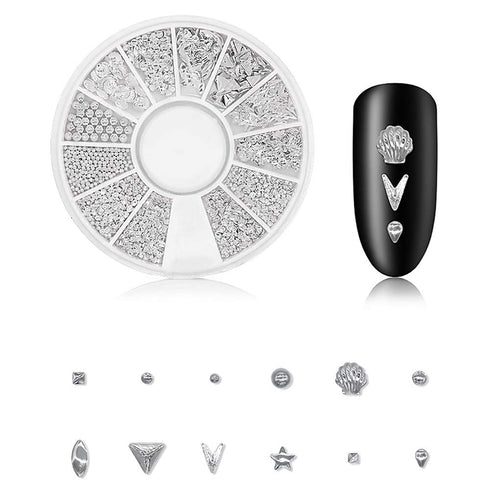 WOKOTO 6 Boxes Silver Hollow Nail Art Studs Set - 3D Flower Diamond Manicure Kit with Tweezers