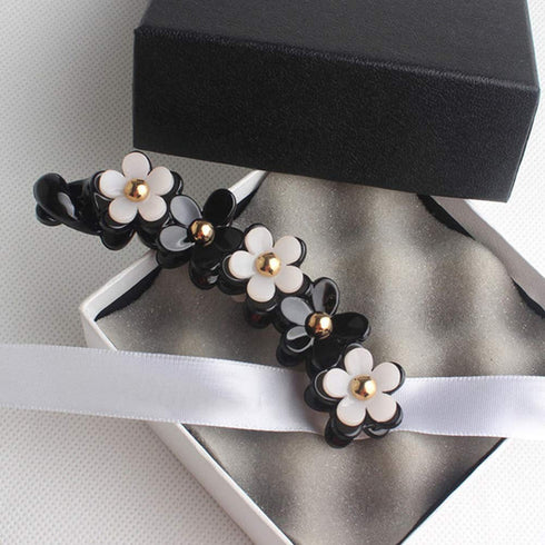 Lurrose Toothed Banana Hair Clips for Women Girls, Strong Tension Ponytail Holder, Black Flower Barrette