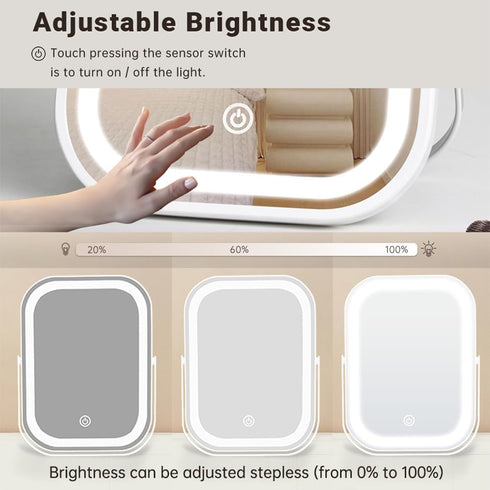 Portable Makeup Travel Mirror with Lights, Small LED Vanity Mirror, 1200mAh Battery, Dimmable Touch Screen, Folding
