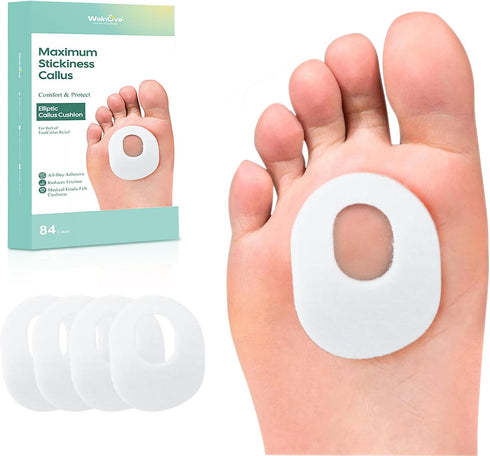 Welnove 84pcs Callus Pad with Water-Resistant Adhesive, Protects Foot, Heel and Toes from Rubbing, Pain Relief - White