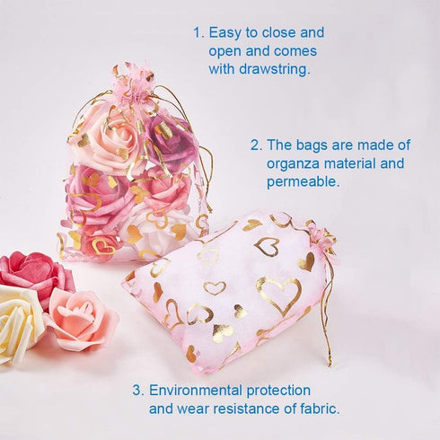 Stratalife Organza Drawstring Bags - 4x6 Mesh Jewelry Bags Bulk Storage Pouches for Wedding Baby Shower, 50PCS (Heart
