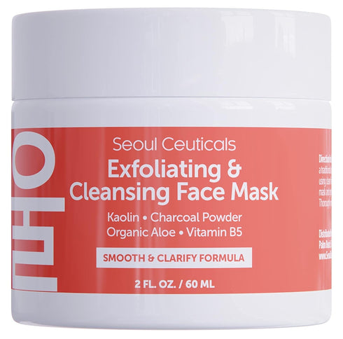 SeoulCeuticals Korean Face Scrub, 2oz, Exfoliating Face Mask for Glass Skin - Kaolin Clay + Charcoal Cream Exfoliant