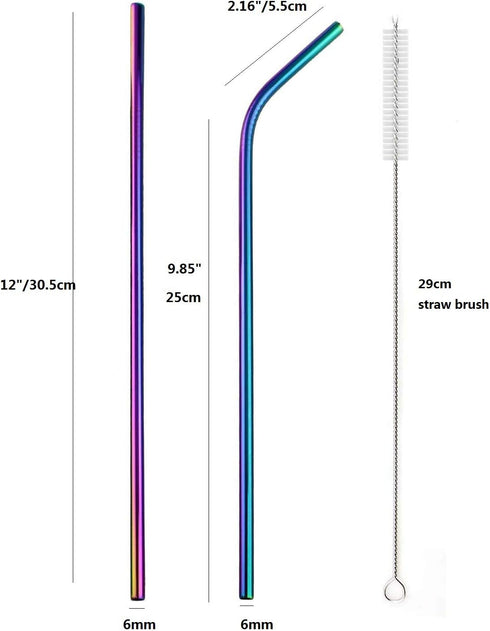 Colorful 12" Stainless Steel Straws, 4pcs Ultra Long Reusable Rainbow Drinking Straws with Silicone Tips & Brush