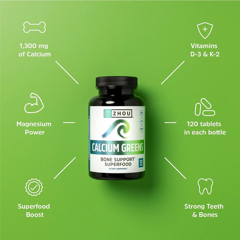 Zhou Nutrition Calcium Greens - Bone Support Superfood, Calcium Magnesium Supplement from Algae, 120 Tablets