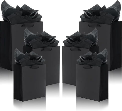 QIELSER 12 Pack Black Gift Bags with Ribbon Handles, Kraft Paper Gift Bags with Tissue Paper in 3 Sizes for Parties