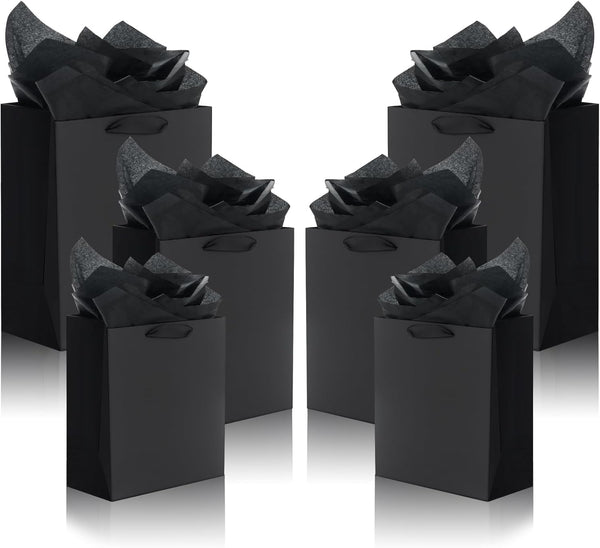 QIELSER 12 Pack Black Gift Bags with Ribbon Handles, Kraft Paper Gift Bags with Tissue Paper in 3 Sizes for Parties