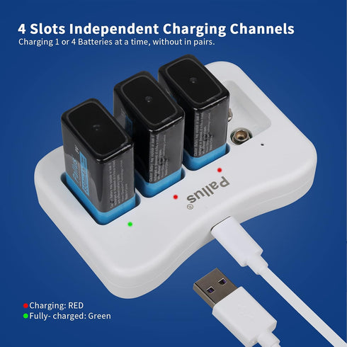 Pallus 9V 850mAh 9V Charger,6F22 Detectors,Toys,Flashlights4Pack Rechargeable Battery, Lithium-Ion Rechargeable