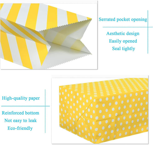 Striped and Polka Dot Paper Bags, Yellow Paper Lunch Bags for Wedding, Baby Shower, Birthday Party (50 PCS, 3.5 × 2.3 ×