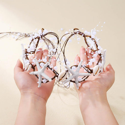 Unicra Starfish Headband, Pearl Bride Wedding Hair Vine, Beach Hair Accessories for Women and Girls (White Brown)