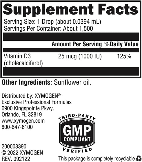 XYMOGEN D3 Liquid - Liquid Vitamin D Drops with Vitamin D3 for Immune Health, 1000 IU per Drop, 2.03 oz