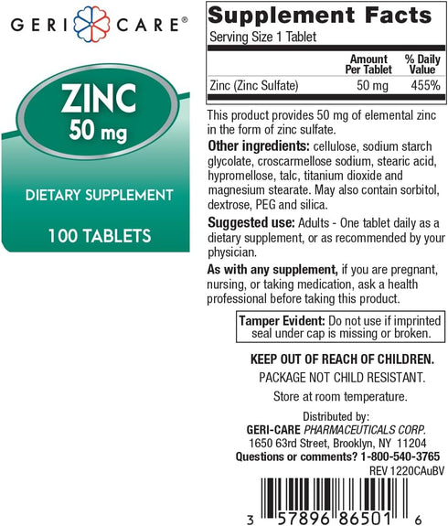 Zinc Sulfate Tablets 50mg by Geri-Care - Dietary Supplement - 100 Count Bottle, 2-Pack