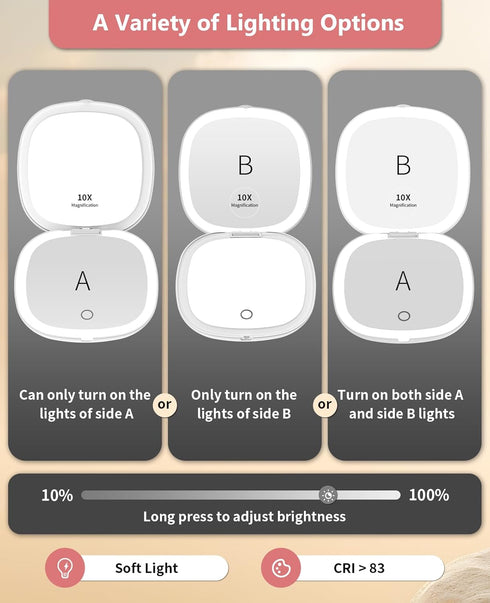 wobsion Travel Mirror with Light, Rechargeable 1x/10x Compact Dimmable Pocket Mirror, 4inch Travel Size (White)