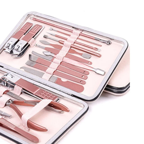 Nail Clippers and Beauty Tool Portable Set - Rose Gold Stainless Steel 18 in 1 Manicure Set with Leather Bag