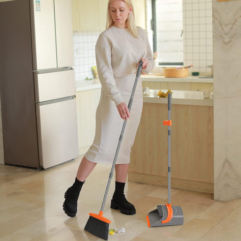 Broom and Dustpan Set for Home, Combo for Office with Long Handle Broom & Upright Standing Dustpan (Gray & Orange)