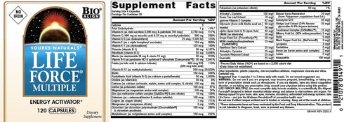 Source Naturals Life Force Multiple Iron Free Daily Multivitamin, High Potency Vitamins, Minerals & Antioxidants - 120