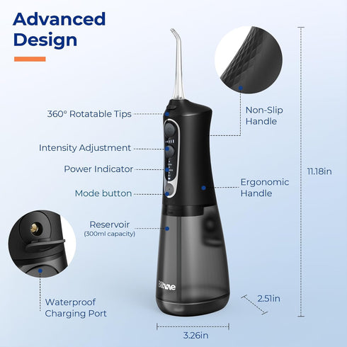 Bitvae C6 Water Flossers for Teeth, Cordless Dental Flosser with 6 Jet Tips, 3 Modes, IPX7 Waterproof, Black