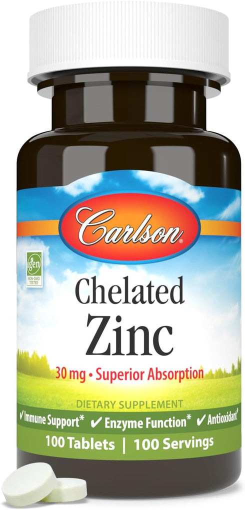 Carlson - Chelated Zinc, 30 mg - Immune Support & Antioxidant, 100 Tablets