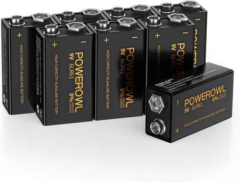 POWEROWL High Capacity 9V Batteries 8 Pack, Alkaline 9 Volt Battery 6LR61 for
