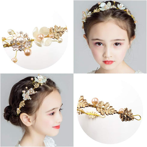 NODG Gold Tiaras for Women, Pearl Bride Crowns Wedding Headpiece, Gold Flower Bridal Hair Piece