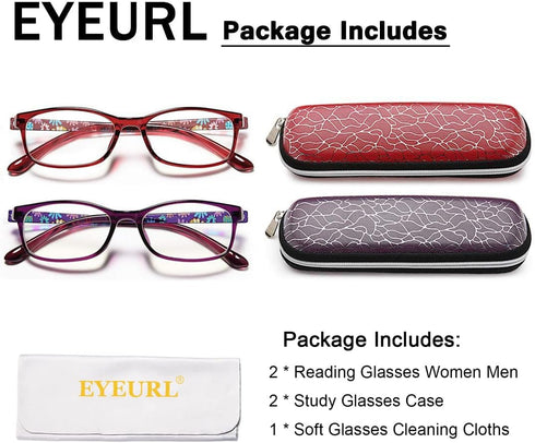 EYEURL Lightweight Flexible Reading Glasses for Women - +1.75 Magnification, Blue Light Blocking, Hard Case