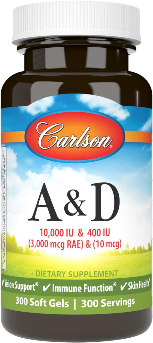 Carlson A & D, 10000 IU Vitamin A, 400 IU Vitamin D3, Vision Support, Skin Health, 300 Soft Gels