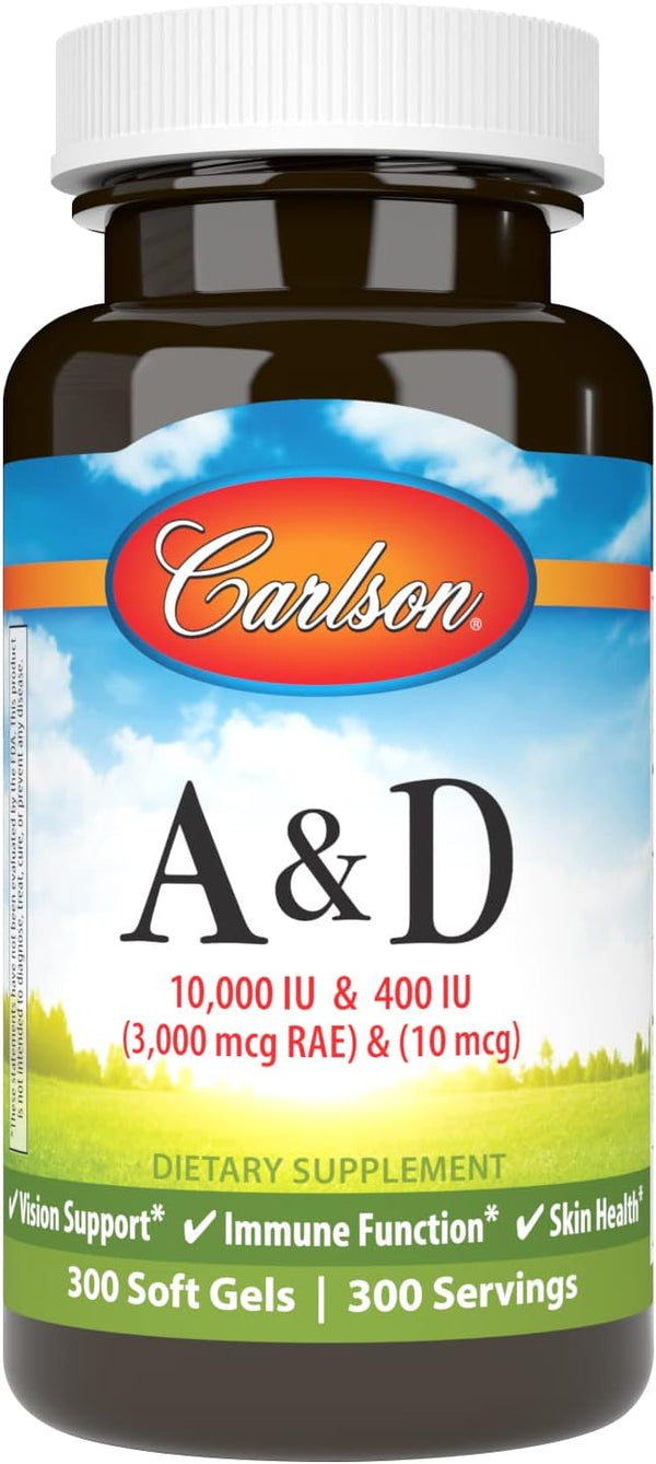 Carlson A & D, 10000 IU Vitamin A, 400 IU Vitamin D3, Vision Support, Skin Health, 300 Soft Gels