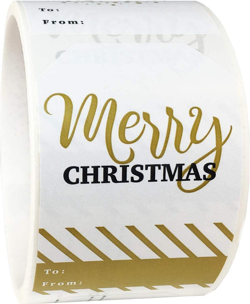 Merry & Bright Gold Gift Tag Stickers, 2 x 3 Inch Holiday Labels, Roll of 100 with 4 Festive Designs