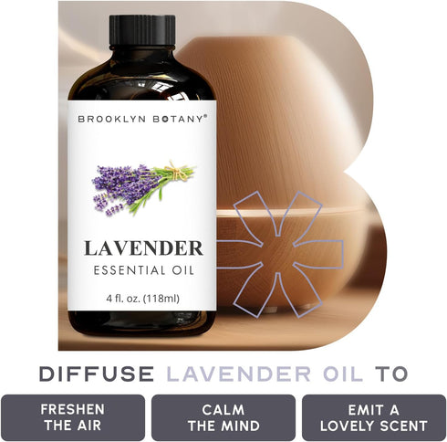 Brooklyn Botany Lavender Essential Oil - 4 Fl Oz | 100% Pure and Natural, Premium Grade with Dropper for Aromatherapy