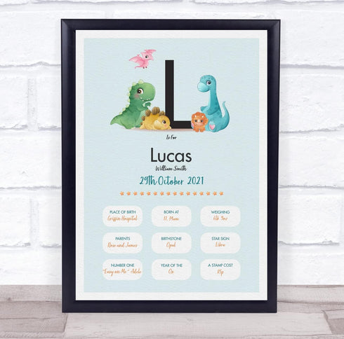 The Card Zoo New Baby Birth Details Christening Nursery Dinosaur Initial L Gift Print