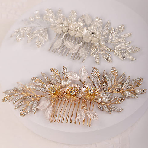 Missgrace Gold Bridal Hair Comb - Wedding Crystal Pearl Leaf Hair Clip and Rhinestone Hair Side Combs for Brides Women