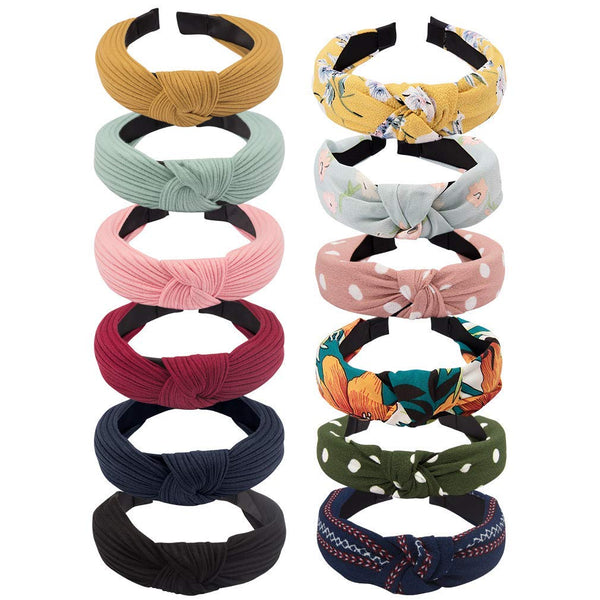 Womens Boho Headbands, 12 Pack VELSCRUN Knotted Elastic Turban Hair Bands for Washing Face
