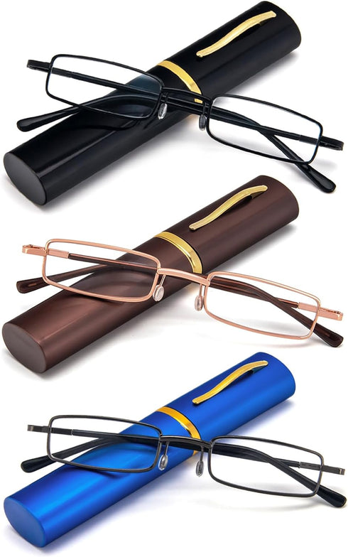 REAVEE 3 Pack Slim Pen Reading Glasses - Small Tube Stylish Readers for Men Women, Spring Hinged, Black Brown Blue